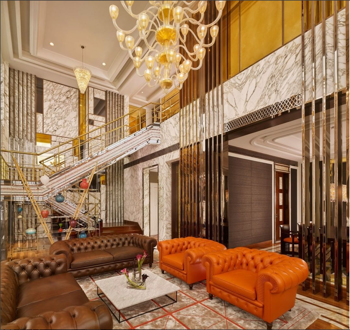 Utilizando el mármol de Carrara y sus lámparas de cristal de murano...